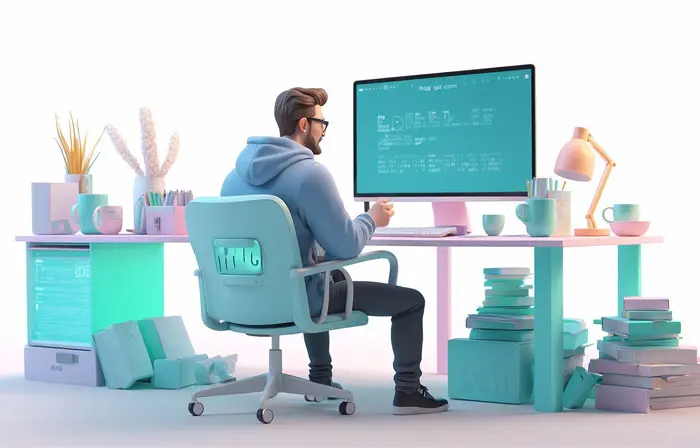 Man Working Computer at the Desk with 3D Illustration image